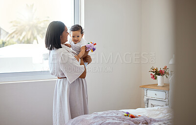 Buy stock photo Bonding, mom and toy for baby, playing and love for child, family and together with newborn and young. Care, happy and motherhood for woman, game and affection for infant, parent and mother in home