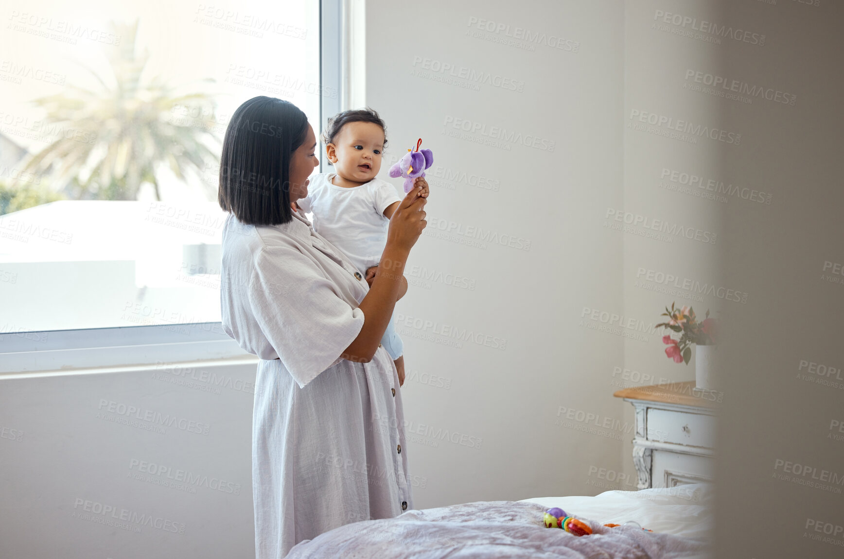 Buy stock photo Bonding, mom and toy for baby, game and love for child, family and together with sweet young kid. Care, happy and motherhood for woman, playing and affection for infant, parent and mother in home