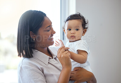 Buy stock photo Morning, mom and bonding with baby, smile and affection for child, family and together in house and love. Happy, parent and motherhood for woman, relax and care for daughter, girl and mother in home