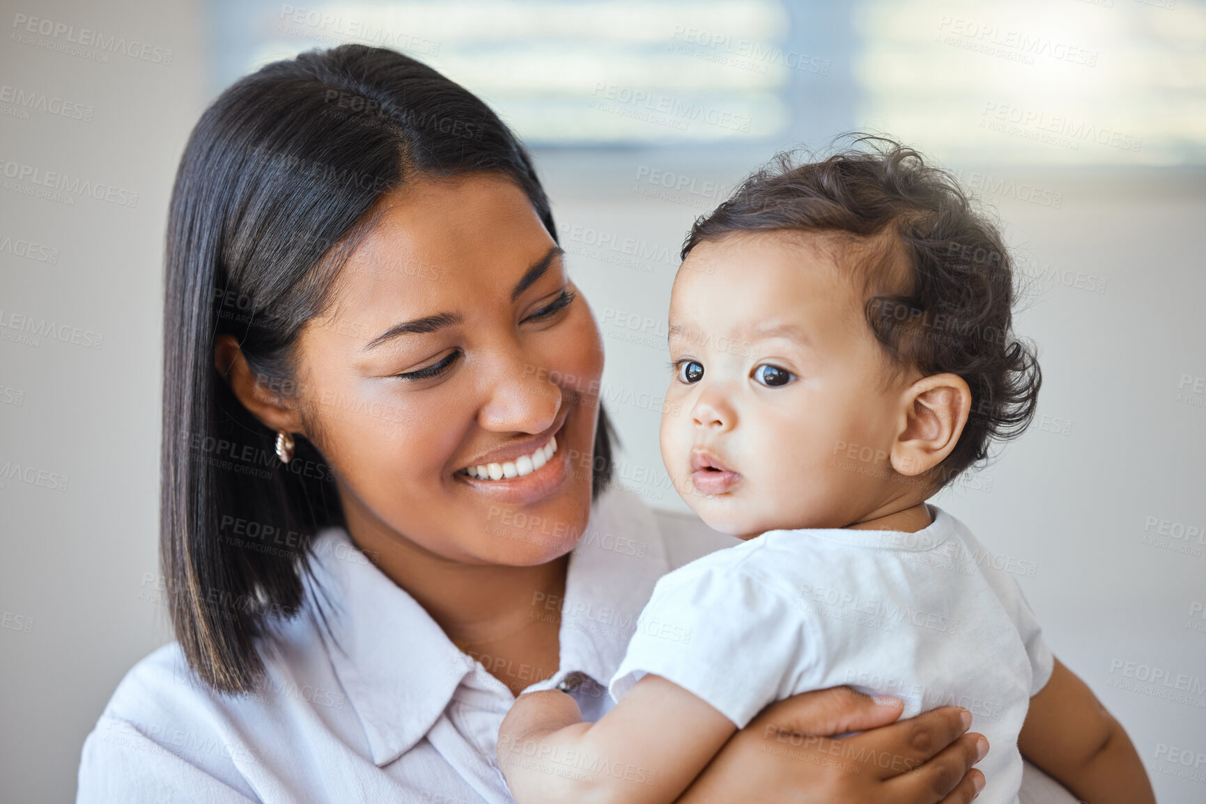 Buy stock photo Bonding, mom and baby in morning, care and love for child, family and together with newborn and young. Smile, happy and motherhood for woman, relax and affection for infant, parent and mother in home