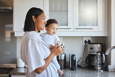 Buy stock photo Kitchen, mom and bonding with baby, morning and together with girl, family and woman with love in house. Care, happy and smile for motherhood, joy and affection for youth, parent and mother in home