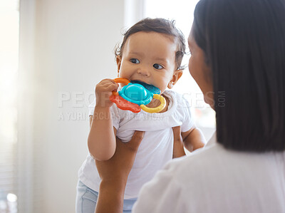 Buy stock photo House, mom and toy for baby, playing and love for child, family and together with newborn and young. Care, happy and motherhood for woman, bonding and affection for infant, parent and mother in home