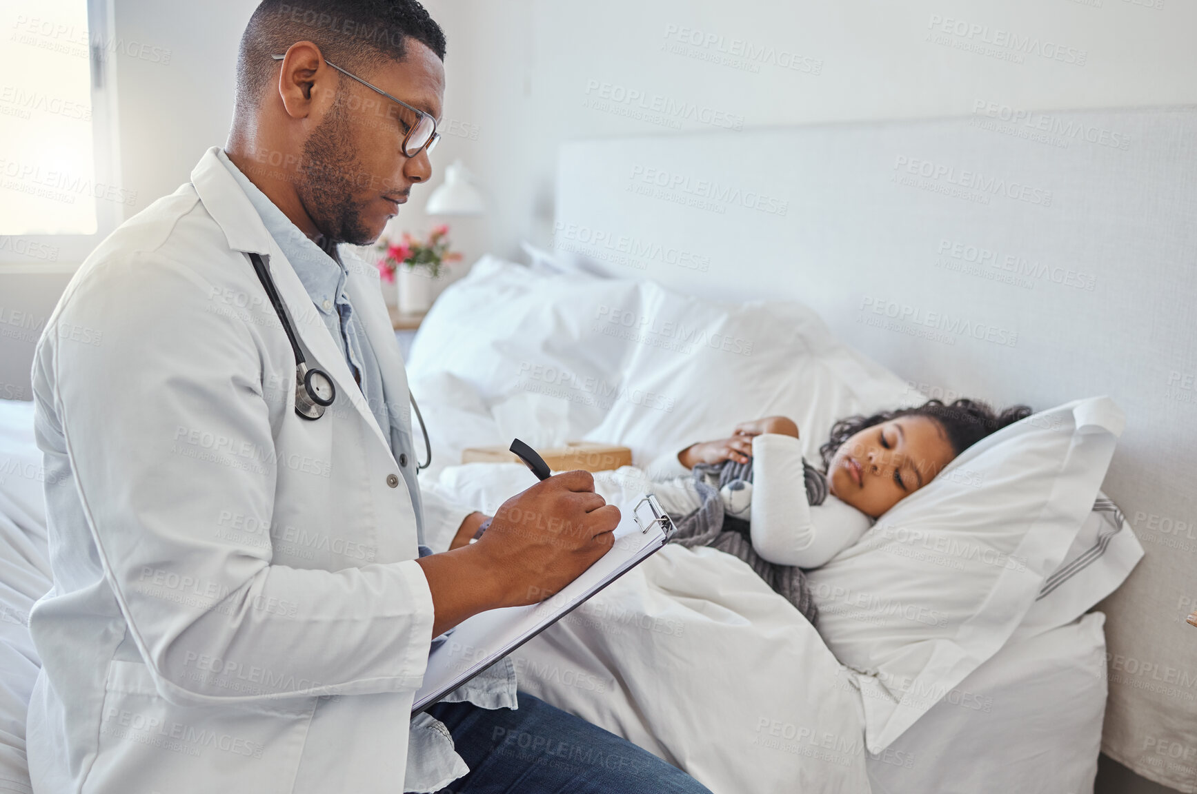 Buy stock photo Sick, child and doctor with clipboard in bedroom for checkup, medical exam and healthcare treatment. Sleep, girl and man with document for consultation checklist, diagnosis and prescription at house