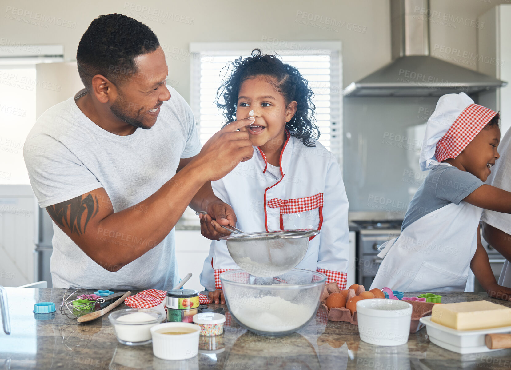 Buy stock photo Baking, icing and dad with children in kitchen for cake, sweet treats and dessert for playful relationship. Family, home and father with kids and ingredients, recipe and learning skills together