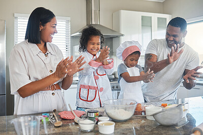 Buy stock photo Happy family, parents and children clapping for baking, teaching and laugh together. Kids, father and mother with flour in hands for learning cooking, playing and funny people bonding in home kitchen