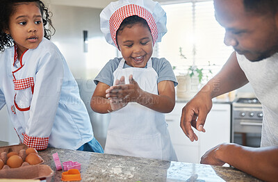 Buy stock photo Baking, flour and dad with kids in kitchen for cake, sweet treats and dessert for bonding, fun and relationship. Family, home and father with kids and ingredients, recipe and learning skills together