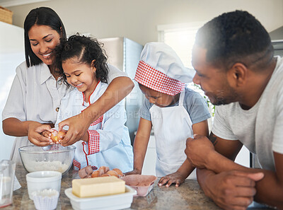 Buy stock photo Happy family, children and crack egg for baking, teaching and help with flour in bowl. Mother, father and kids learning cooking with food for development and people prepare dessert in home kitchen