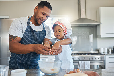 Buy stock photo Baking, eggs and dad with child in kitchen for cake, sweet treats and dessert for bonding, learning and relationship. Family, home and father and girl with ingredients, recipe and cooking skills