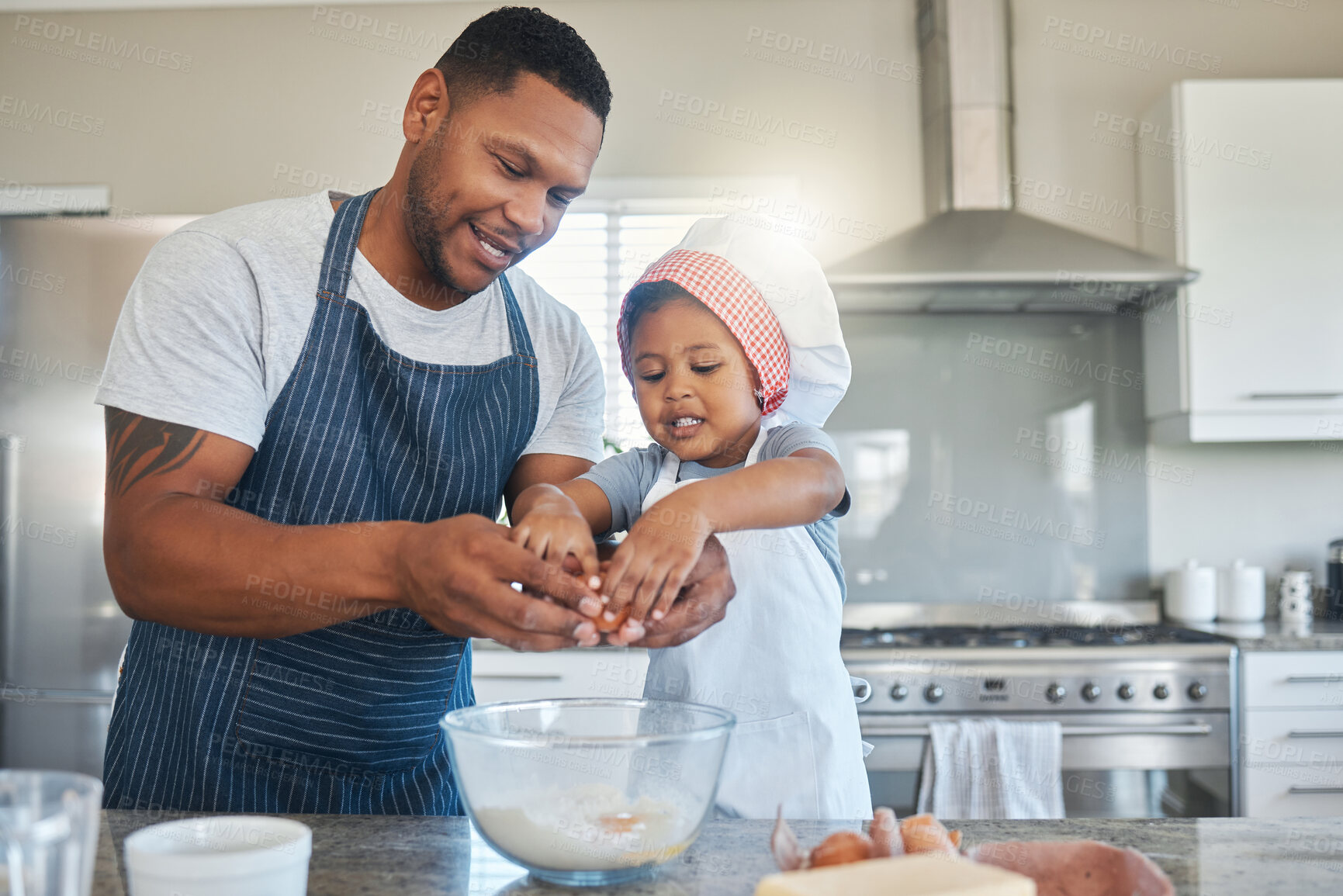 Buy stock photo Baking, eggs and dad with child in kitchen for cake, sweet treats and dessert for bonding, learning and relationship. Family, home and father and girl with ingredients, recipe and cooking skills