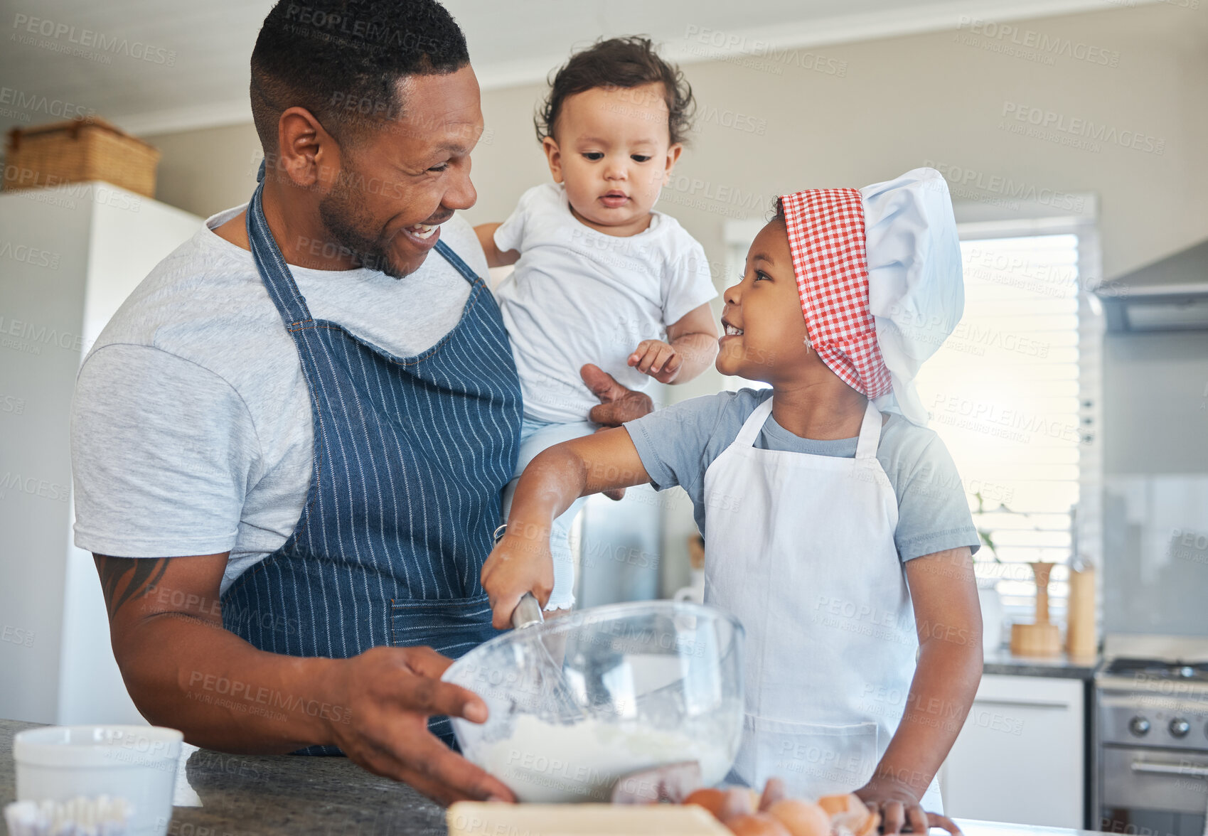 Buy stock photo Baking, happy and dad with children in kitchen for cake, sweet treats and dessert for playful relationship. Family, home and father with kids and ingredients, recipe and learning skills together