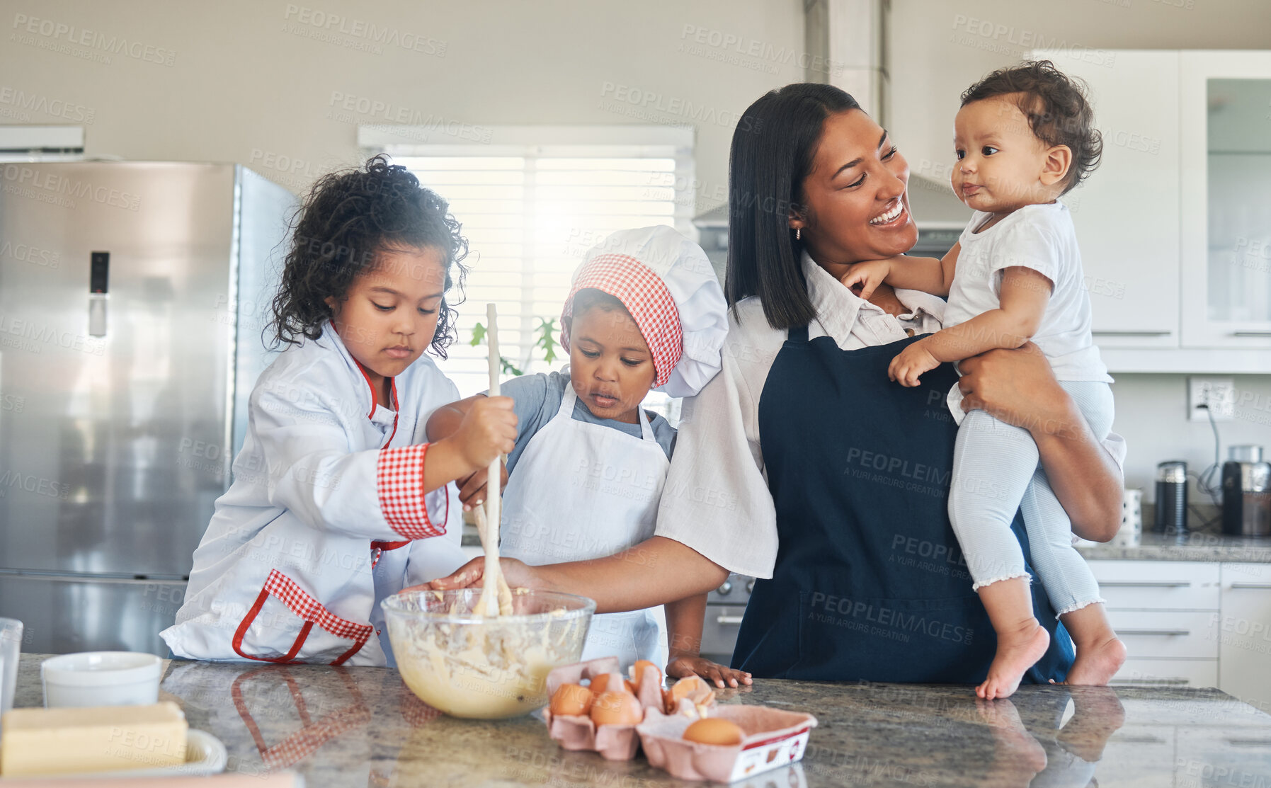 Buy stock photo Baking, happy and mom with children in kitchen for cake, sweet treats and dessert for bonding or relationship. Family, home and mother with kids and ingredients, recipe and learning skills together