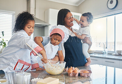 Buy stock photo Baking, playful and mom with children in kitchen for cake, sweet treats and dessert for bonding or relationship. Family, home and mother and kids with ingredients, recipe and learning skills together