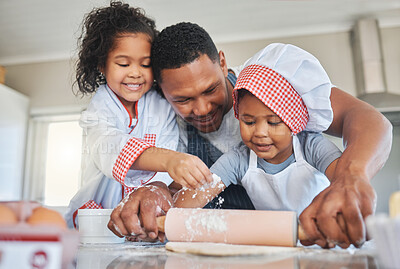 Buy stock photo Kitchen, father and children with roller for baking, learning and motor development for childhood. Teamwork, dad and kids at home for support, helping and preparation for pastry with smile in house