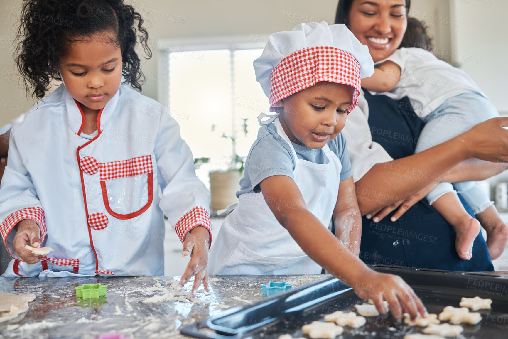 Buy stock photo Baking, children and mom in kitchen, family and growth, development and learning in house and smile. Cookies, preparation and kids with woman, teaching and helping for dessert, bonding and home