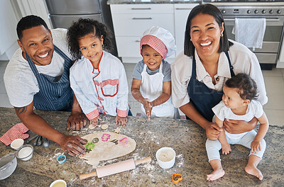 Buy stock photo Portrait, family and baking with dough in kitchen for breakfast dessert, teaching skills and help with cookies. Above, parents and kids for sweet snack, morning bonding and creative learning at house