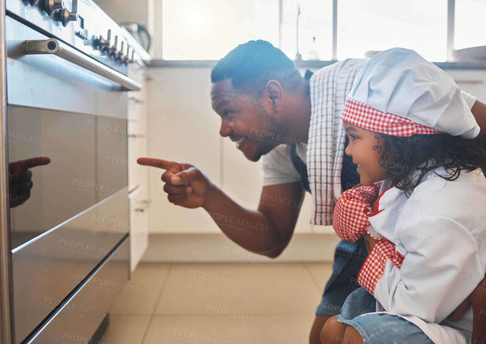 Buy stock photo Baking, child and dad with smile, oven and growth of daughter, development and learning in house and kitchen. Cookies, preparation and kid with man, teaching and helping for dessert, bonding and home