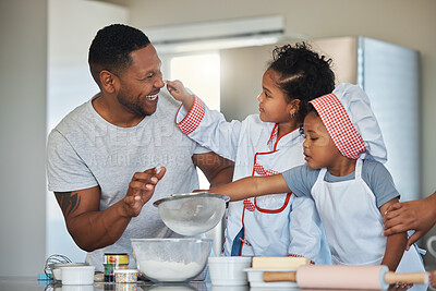 Buy stock photo Baking, playing and dad with children in kitchen for cake, sweet treats and dessert for relationship or bonding. Family, home and father with kids and ingredients, recipe and learning skills together