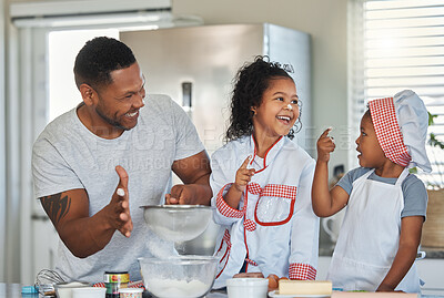 Buy stock photo Baking, playing and dad with kids in kitchen for cake, sweet treats and dessert for relationship or bonding. Family, home and father with children and ingredients, recipe and learning skills together