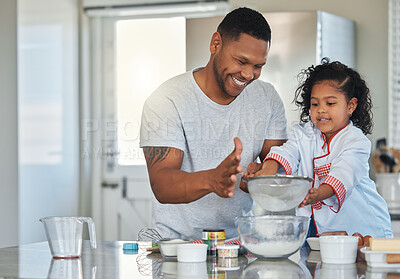 Buy stock photo Baking, flour and dad with child in kitchen for cake, sweet treats and dessert for relationship, bonding and fun. Family, home and father with girl and ingredients, recipe or learning skills together