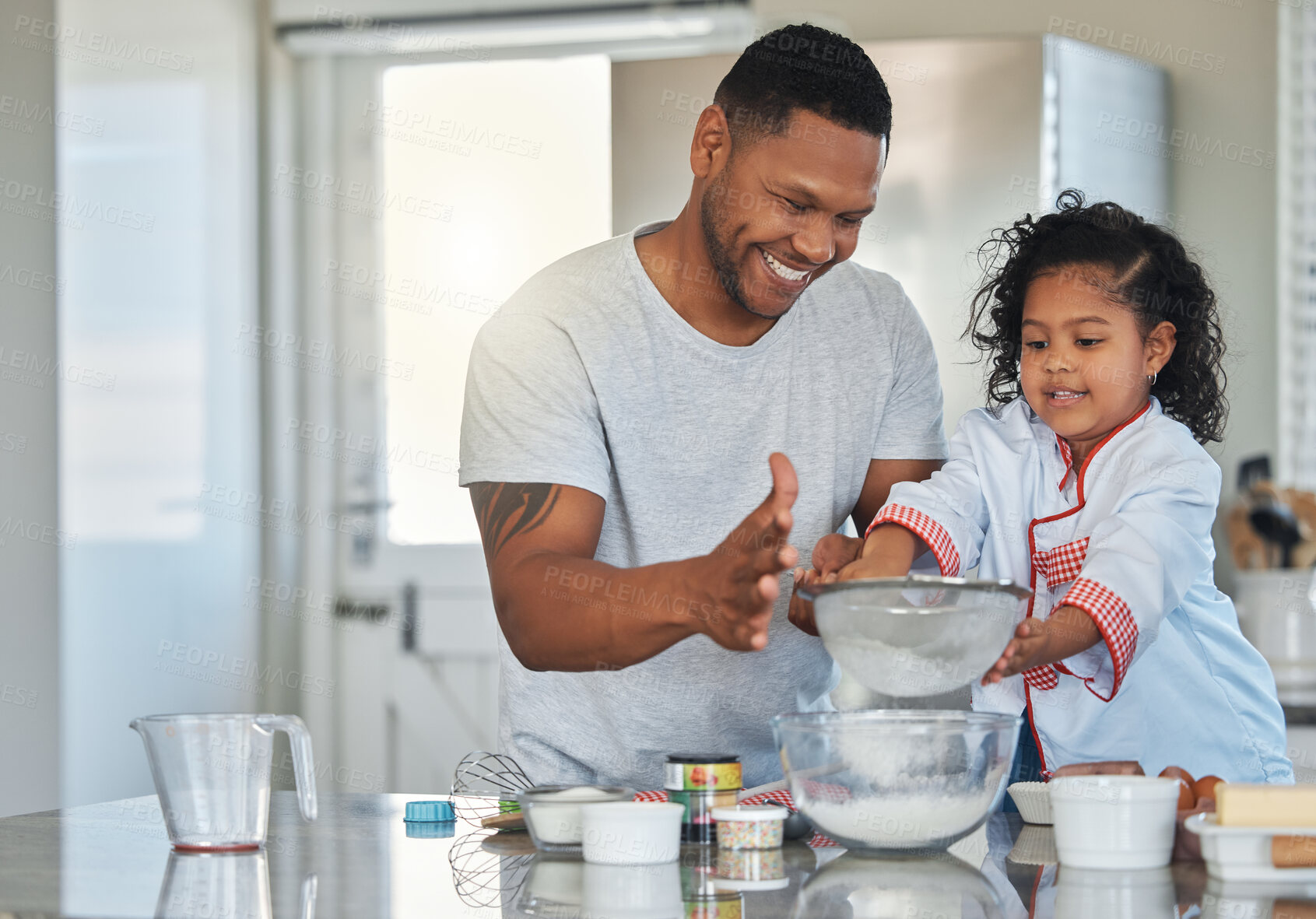 Buy stock photo Baking, flour and dad with child in kitchen for cake, sweet treats and dessert for relationship, bonding and fun. Family, home and father with girl and ingredients, recipe or learning skills together