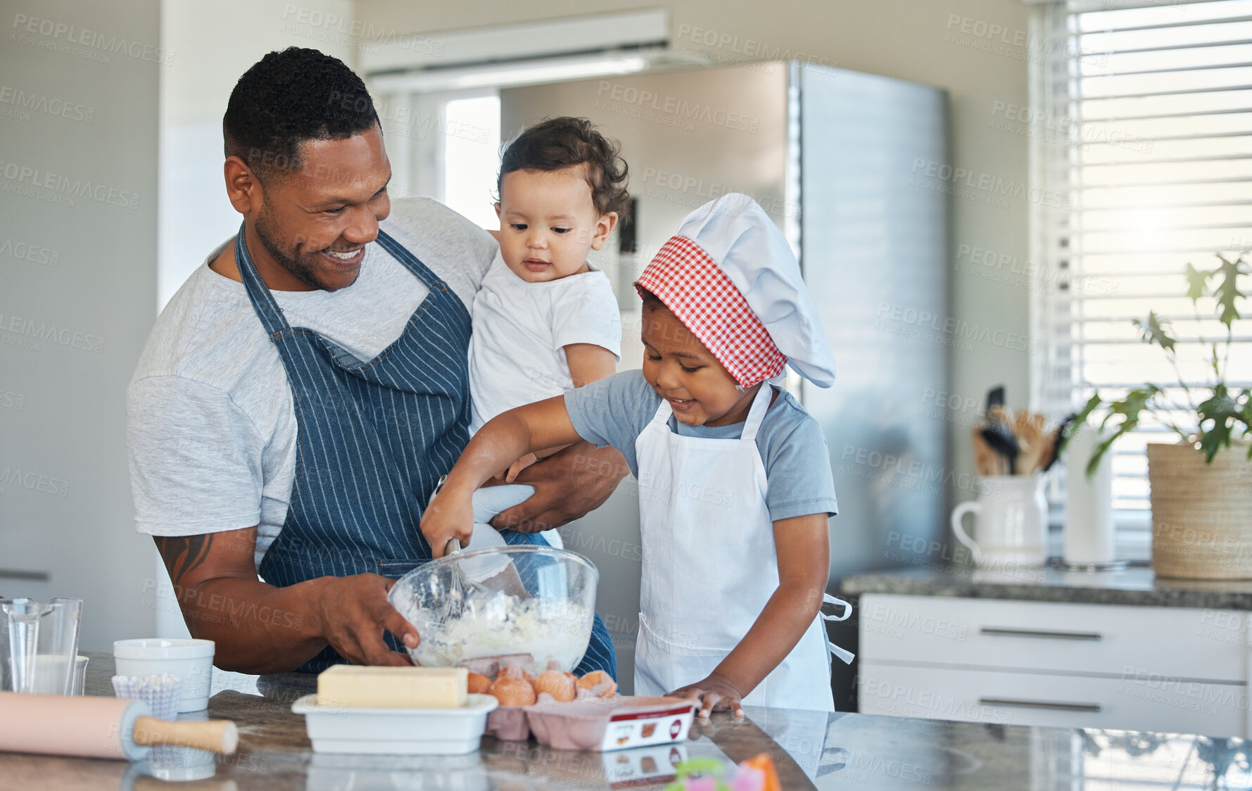 Buy stock photo Baking, learning and dad with children in kitchen for cake, sweet treats and dessert for playful relationship. Family, home and father with kids and ingredients, recipe and chef skills for bake sale