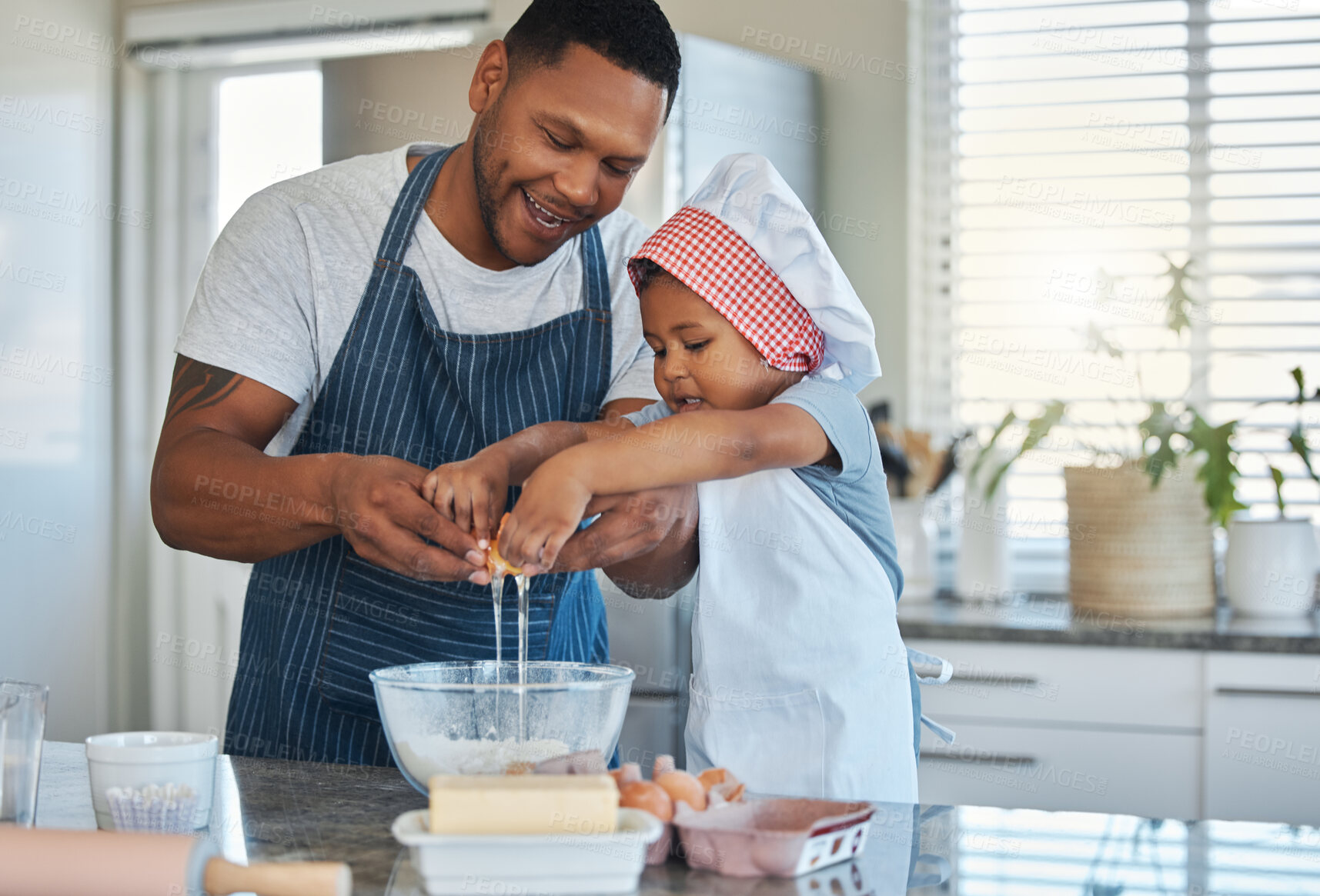 Buy stock photo Baking, eggs and dad with girl in kitchen for cake, sweet treats and dessert for bonding, learning and relationship. Family, home and father and child with ingredients, recipe and cooking skills