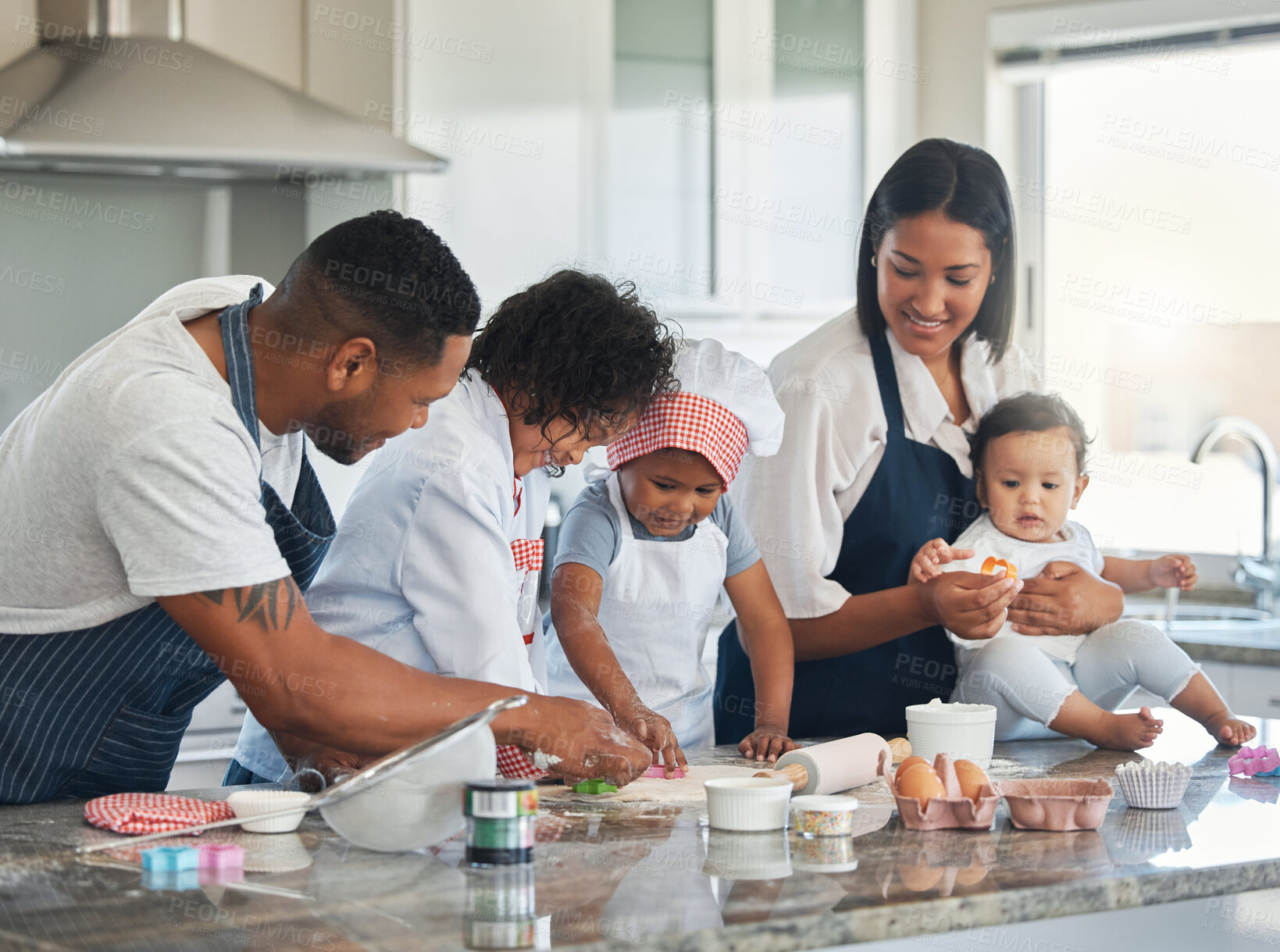 Buy stock photo Happy family, children and dough cutter for baking, teaching and help with flour in home kitchen. Mother, father and kids learning cooking with food for shape, development or people prepare cookies