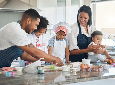 Buy stock photo Happy family, kids and help with baking, teaching and shape flour in home kitchen. Mother, father and children learning cooking with dough for dessert, development or people prepare cookies together