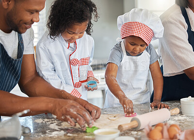 Buy stock photo Family, kids and dough cutter for baking, teaching and shape flour in home kitchen. Mother, father and children learning cooking to help with dessert, development and people prepare cookies together