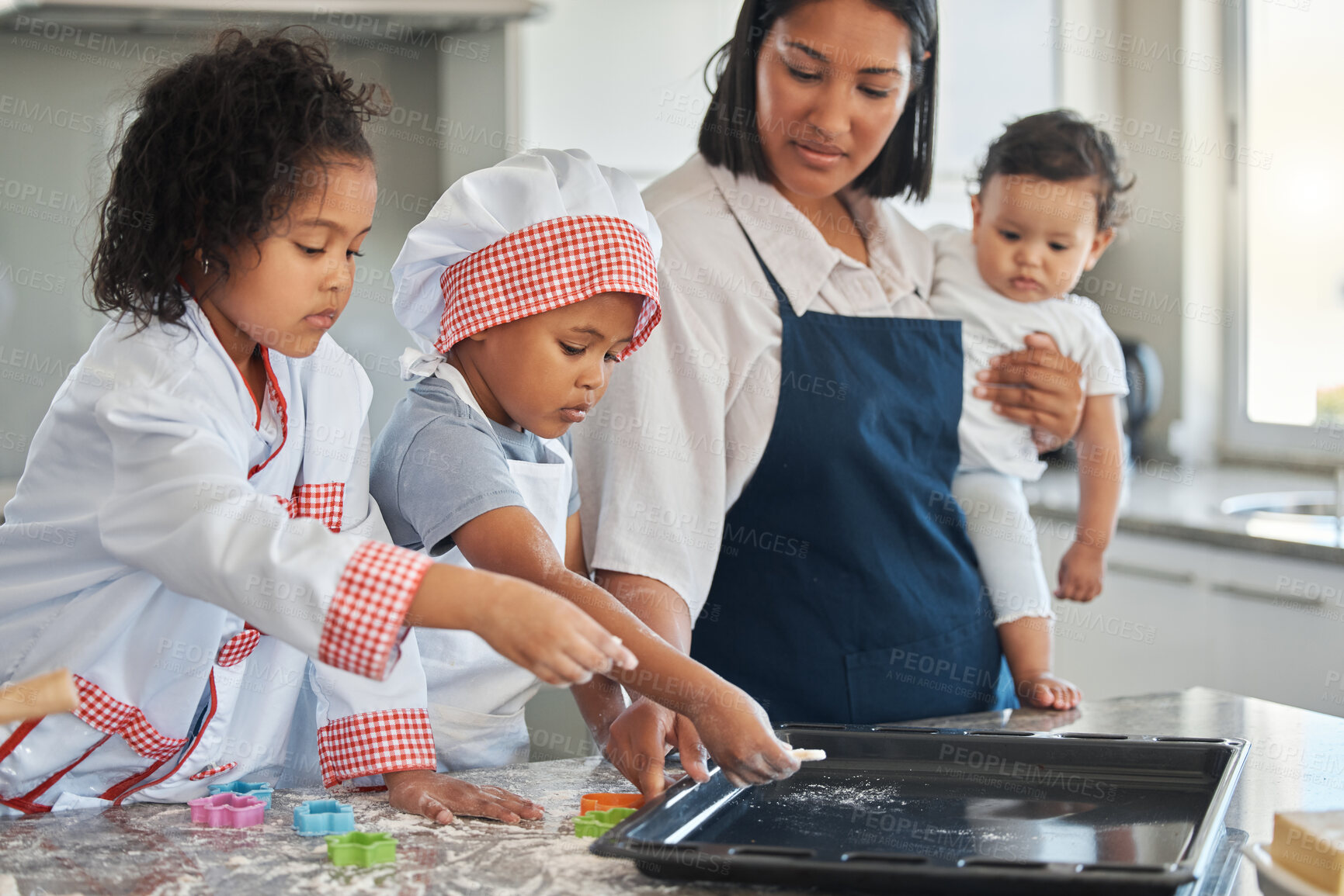 Buy stock photo Mother, children and baking with pastry in kitchen for breakfast dessert, teaching skills and help with cookies. Family, kids and tray with dough for breakfast, morning bonding and learning at house