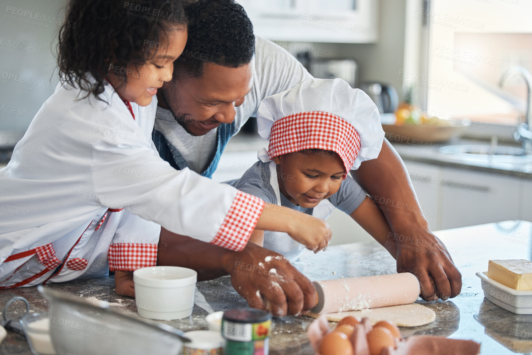 Buy stock photo Kitchen, dad and children with roller for baking, learning and motor development for childhood. Teamwork, father and kids at home for support, helping and preparation for pastry with smile in house