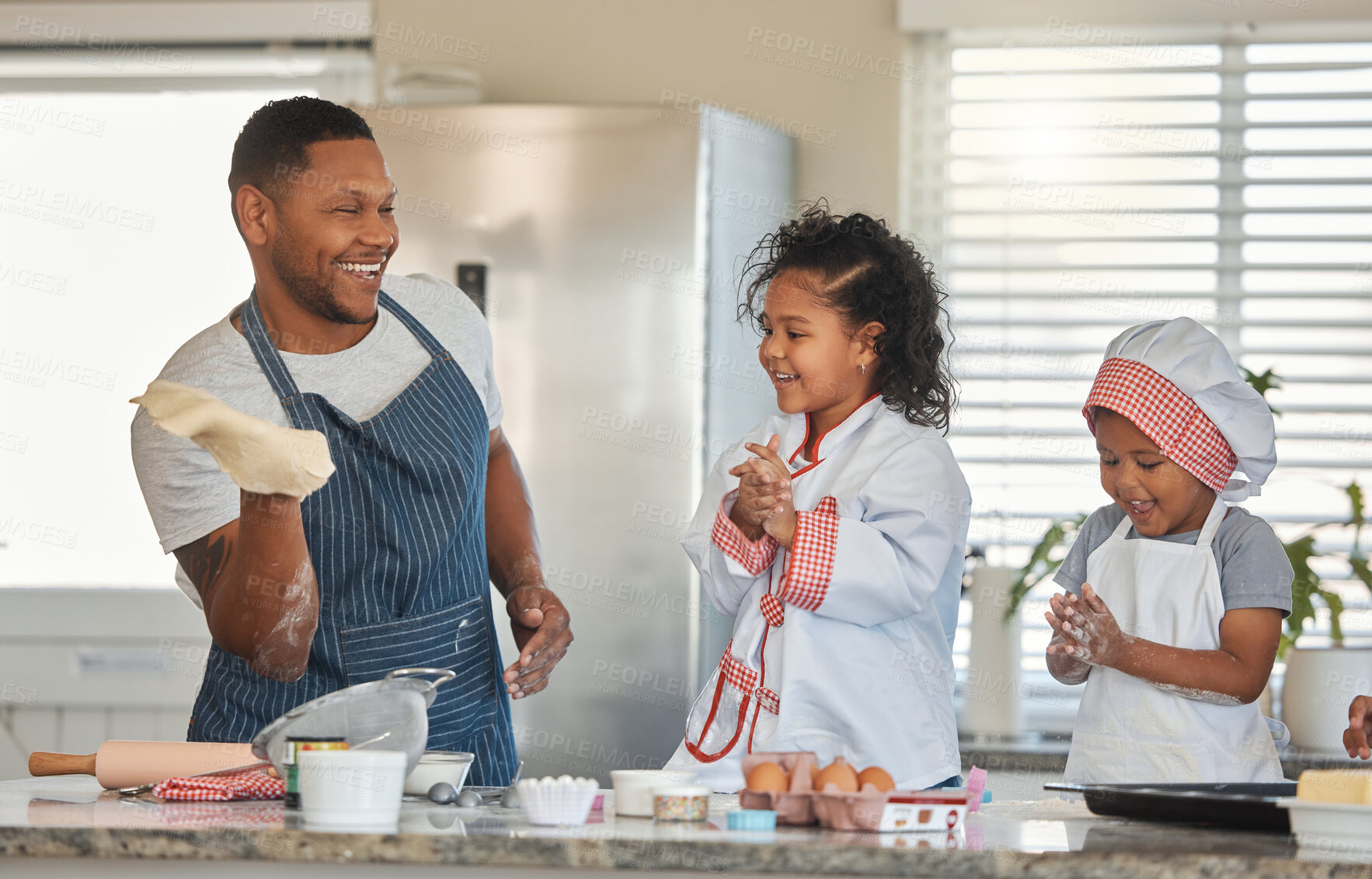 Buy stock photo Father, children and baking in home with dough, family bonding and together for food prep. Dad, kids and love for learning to cook in kitchen, playing and support with flour ingredients for pastry