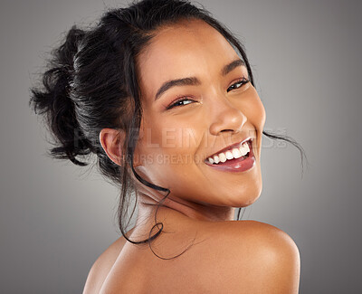 Buy stock photo Woman portrait, laughing and skincare beauty in studio, smooth and cosmetics on gray background. Female person, facial treatment and skin for dermatology results, transformation and glow in Brazil