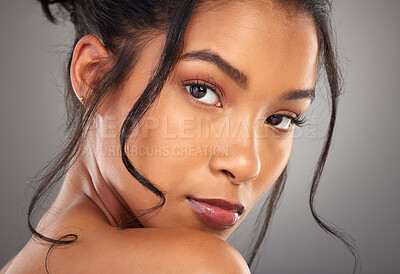 Buy stock photo Woman portrait, natural and beauty in studio, smooth and cosmetics on gray background. Female person, facial treatment and skin for dermatology results, transformation and proud of glow in Brazil