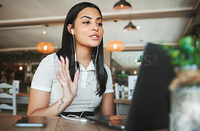 Buy stock photo Earphones, woman and laptop with video call in cafe for online meeting, discussion and remote work. Day trading, freelancer and virtual consultation with tech for investment, forecasting and advisory