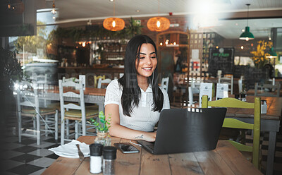 Buy stock photo Woman, laptop and remote work at coffee shop with typing, reading and happy for progress with story development. Person, writer and smile with editing process, review or feedback for article at cafe