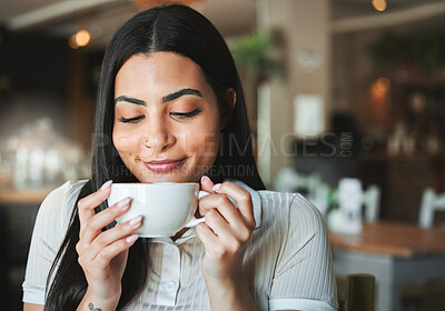 Buy stock photo Woman, happy and smell coffee at cafe, breakfast and start morning with aroma for inspiration. Person, drink and smile for gratitude with memory, perspective and reflection with scent at restaurant