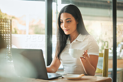 Buy stock photo Woman, coffee and reading with laptop at cafe with project, review and start morning with thinking for remote work. Person, writer and inspiration with computer, feedback and drink at restaurant