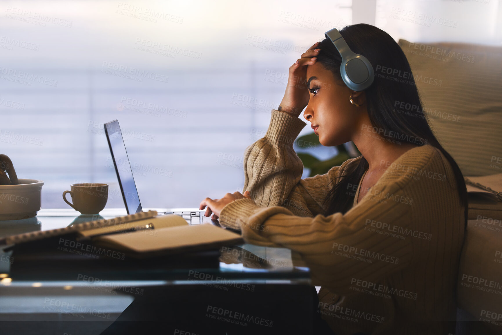 Buy stock photo Remote work, stress and woman with laptop in home for overtime, mistake and pressure of deadline. Online, headphones and freelancer with anxiety on living room floor for research, project and burnout