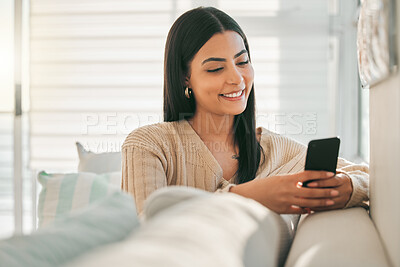 Buy stock photo Happy, sofa and woman with phone in home for social media, online chatting and website. Relax, typing and girl on smartphone for communication, mobile app and internet in living room on weekend