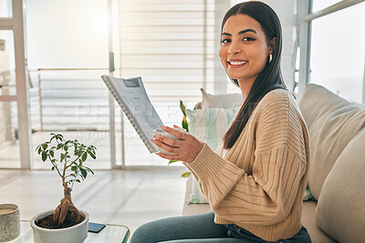 Buy stock photo Business, document and portrait of woman on sofa with remote work, smile and confidence. Relax, paperwork and freelance consultant on couch in home office with happy face, research report and admin