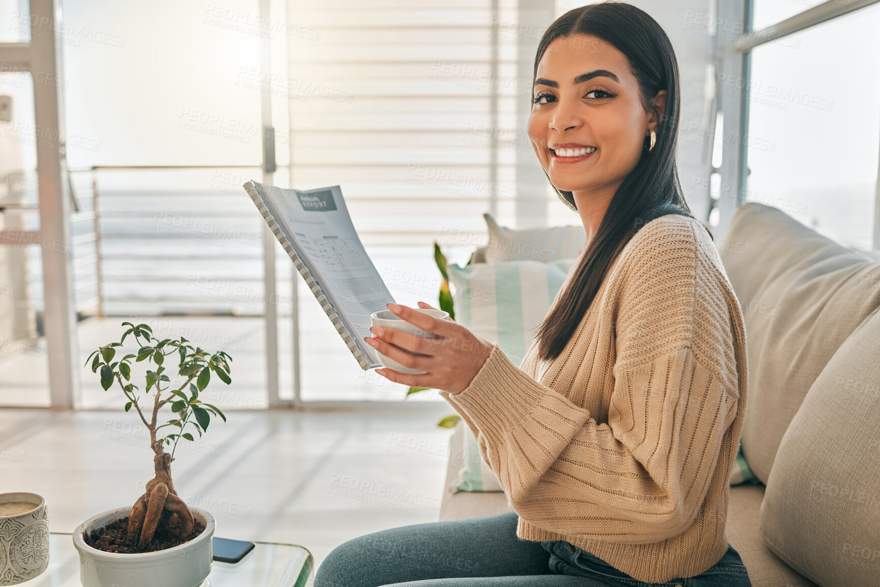 Buy stock photo Business, document and portrait of woman on sofa with remote work, smile and confidence. Relax, paperwork and freelance consultant on couch in home office with happy face, research report and admin