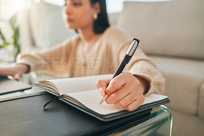 Buy stock photo Woman, hand and writing notes closeup at home with studying, elearning and online university essay. Research, education and notebook with internet, diary and planning for exam with web planner