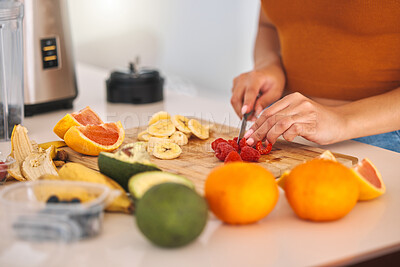 Buy stock photo Hands, cutting and woman with fruit, blender and nutrition with diet plan, prepare snack and wellness. Closeup, house and healthy person in kitchen, recipe and knife with ingredients and vitamins