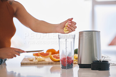 Buy stock photo Fruit, smoothie and morning with hands of woman in kitchen for gut health, diet and breakfast. Wellness, detox and nutrition with closeup of female person at home for cooking, juice and weight loss