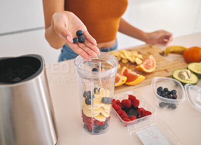 Buy stock photo Fruit, smoothie and blender with hands of woman in kitchen for gut health, diet and breakfast. Wellness, detox and nutrition with closeup of female person at home for cooking, juice and weight loss