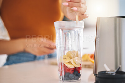 Buy stock photo Fruit, smoothie and breakfast with hands of woman in kitchen for gut health, diet and milkshake. Wellness, detox and nutrition with closeup of female person at home for cooking, juice and weight loss