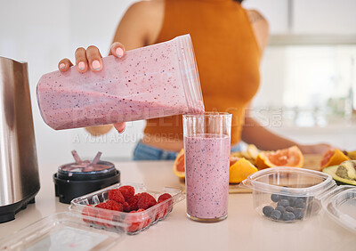 Buy stock photo Woman, hands and smoothie glass in home, organic drink and fruit for mineral liquid in kitchen. Female person, vitamin shake and healthy beverage for nutrition, breakfast cocktail and detox diet