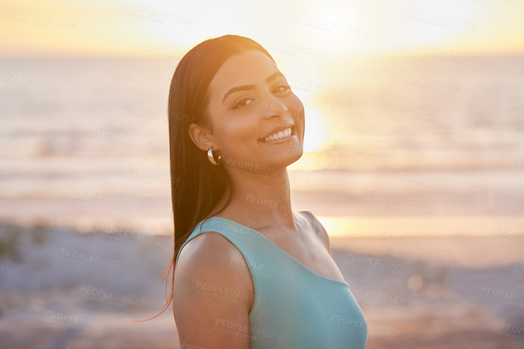 Buy stock photo Woman, beach and portrait from smile, sunset and summer break with travel and relax outdoor. Nature, sunrise and sea with trip by ocean on vacation in Miami with weekend, thinking and seaside harmony