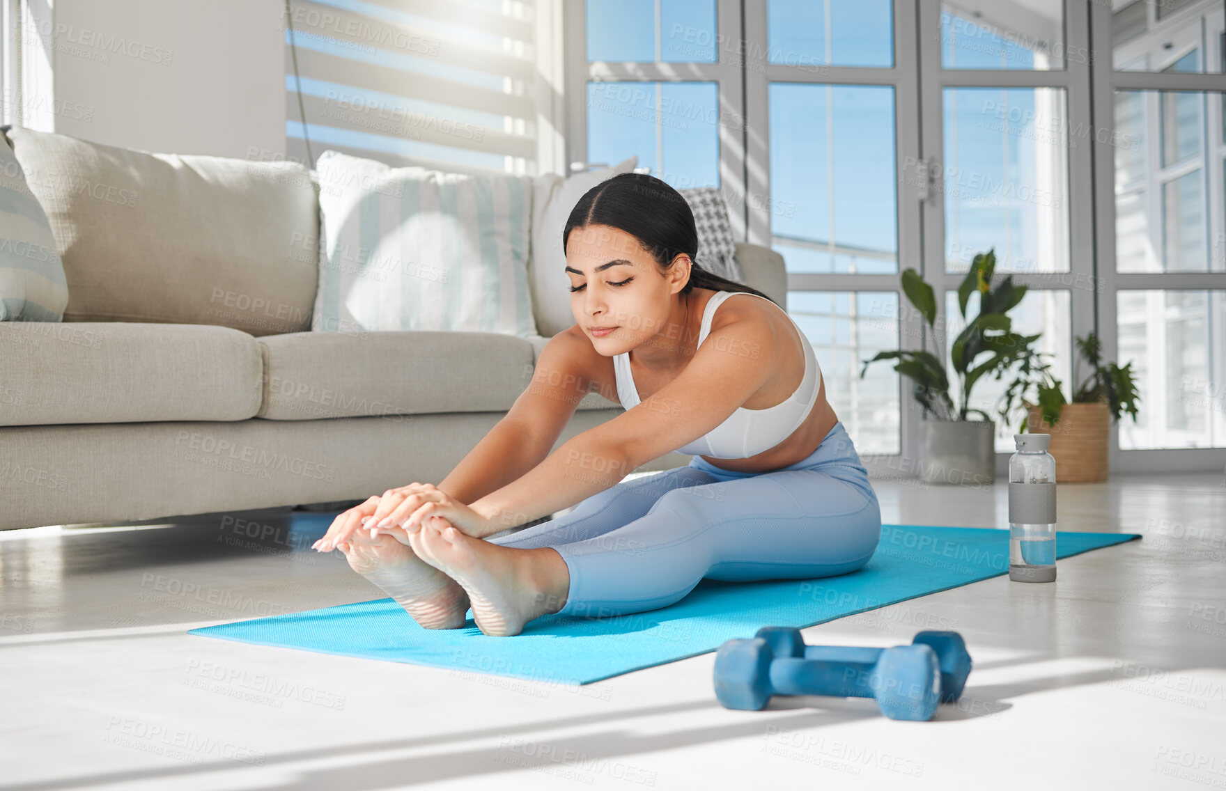 Buy stock photo Home, stretching and woman with fitness, workout and exercise for flexibility, pilates or breathing. Healthy person, apartment or girl with yoga mat, balance and mediation for wellness in living room